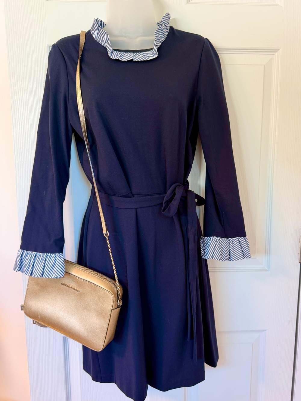 1901 Navy Long-Sleeve Ruffle-Collar Tie-Waist Dress